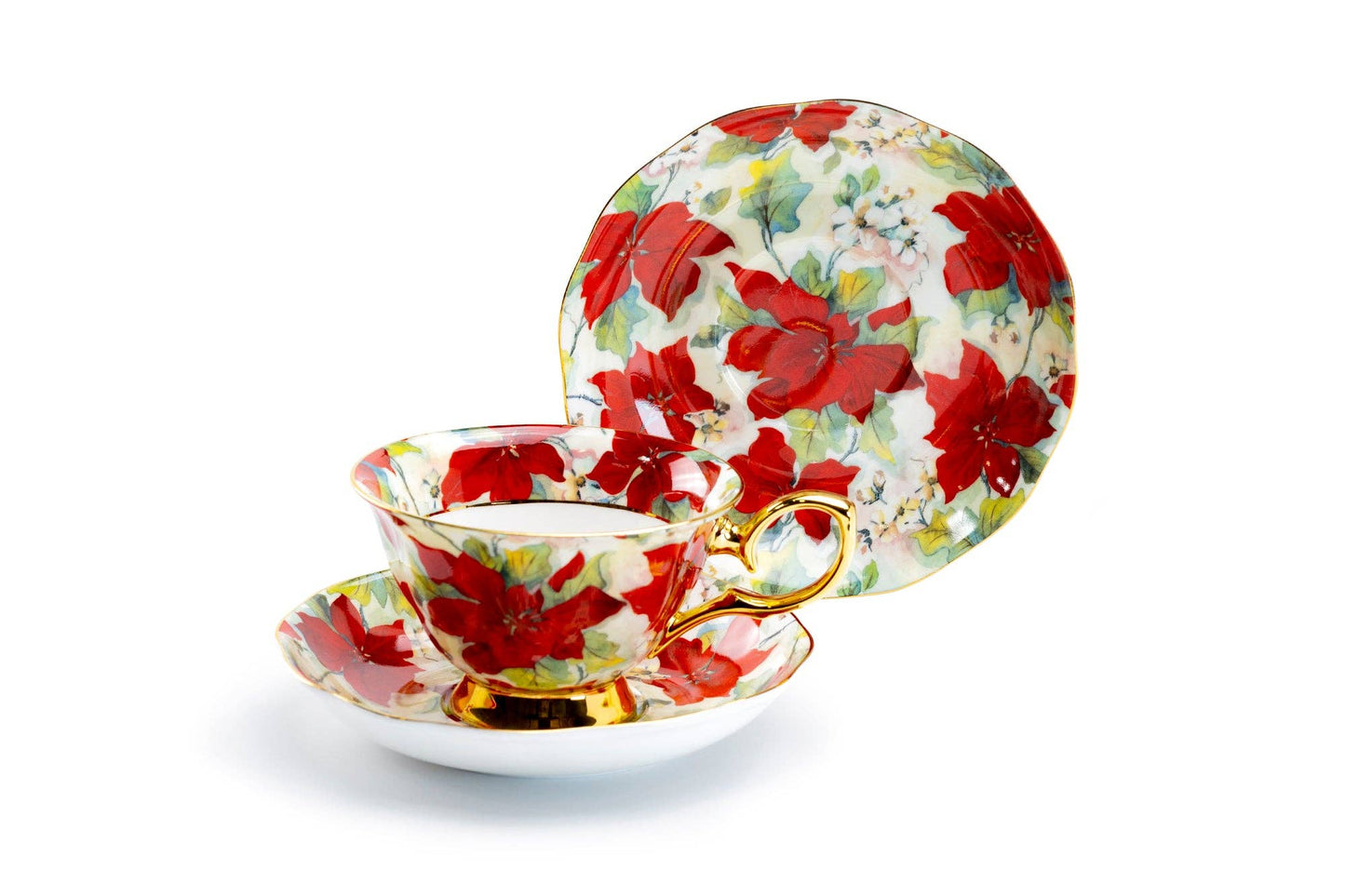 Poinsettia Gold 7oz Bone China Tea Cup and Saucer