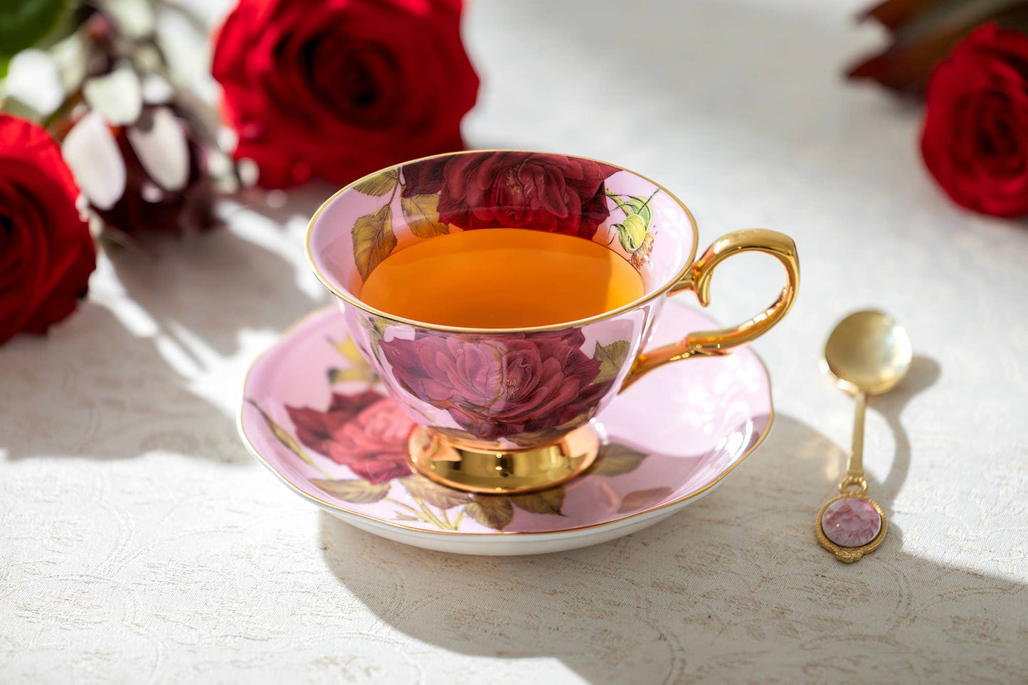 Gold Pink Stem Rose 7oz Bone China Tea Cup and Saucer