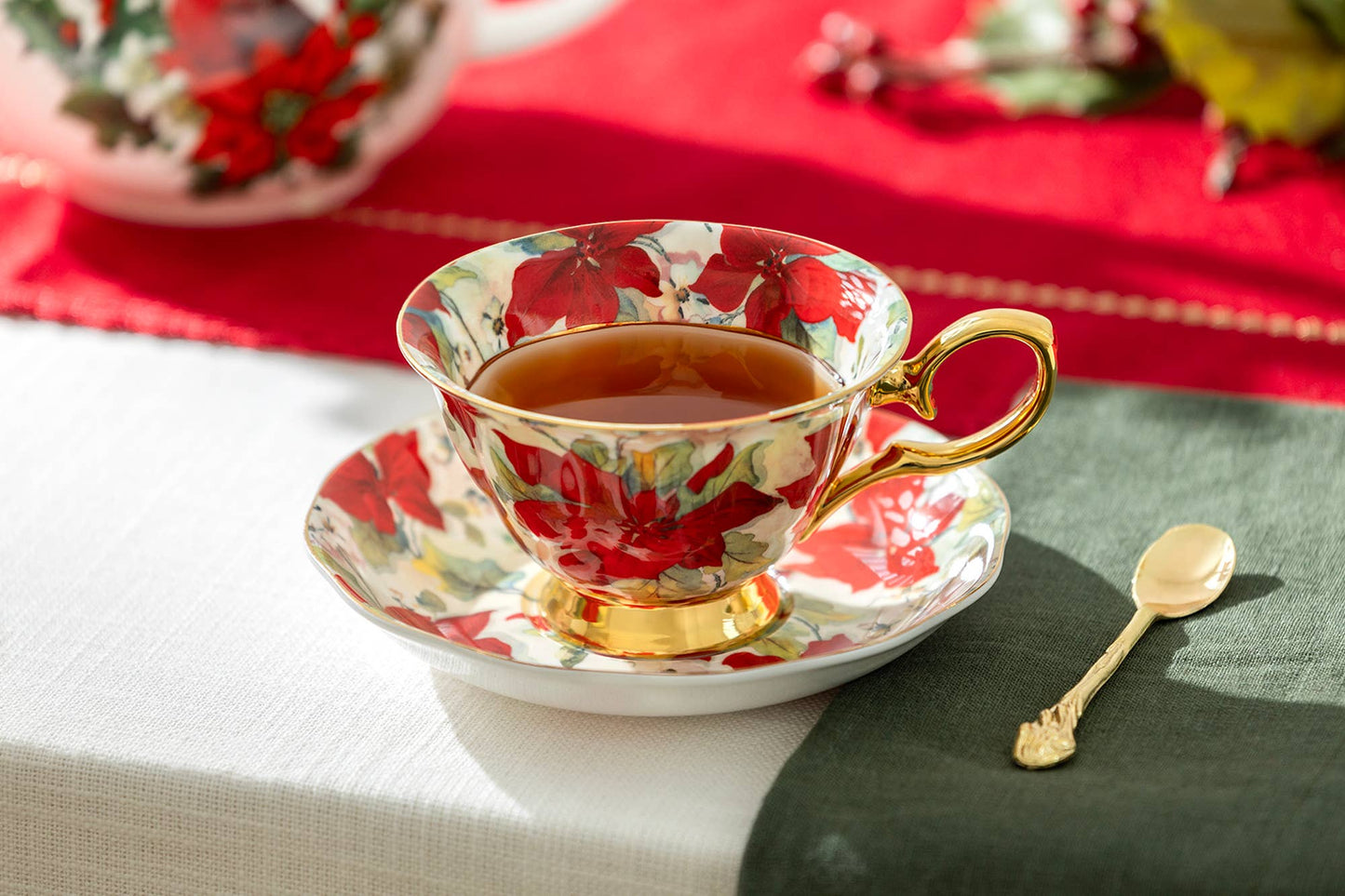 Poinsettia Gold 7oz Bone China Tea Cup and Saucer