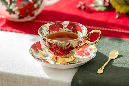 Poinsettia Gold 7oz Bone China Tea Cup and Saucer