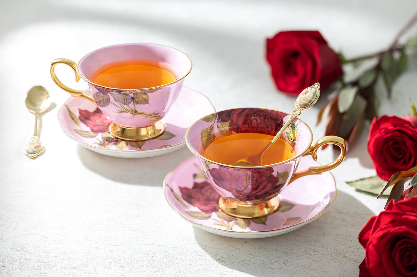 Gold Pink Stem Rose 7oz Bone China Tea Cup and Saucer