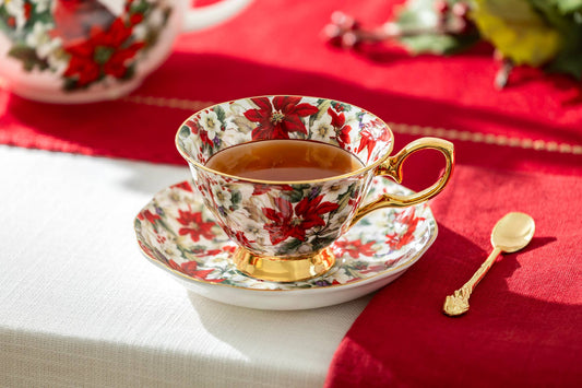 Poinsettia Chintz Gold 7oz Bone China Tea Cup and Saucer