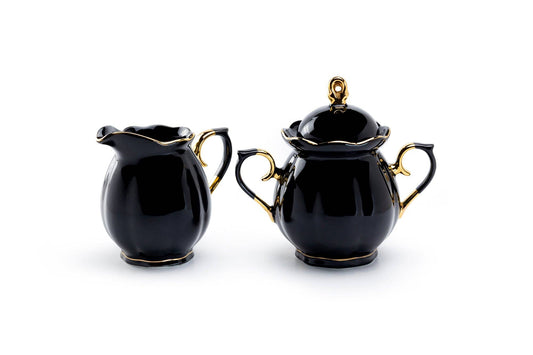 Black Gold Scallop Fine Porcelain Sugar and Creamer Set
