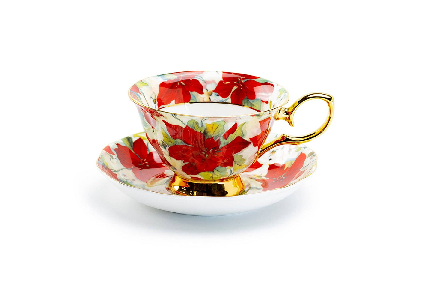 Poinsettia Gold 7oz Bone China Tea Cup and Saucer