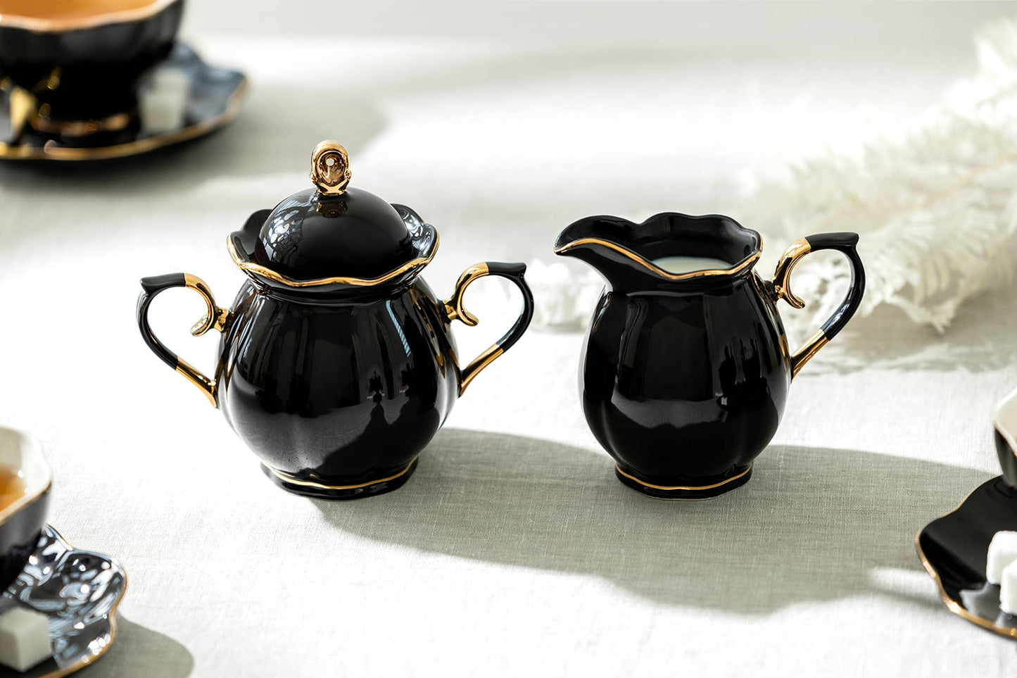 Black Gold Scallop Fine Porcelain Sugar and Creamer Set