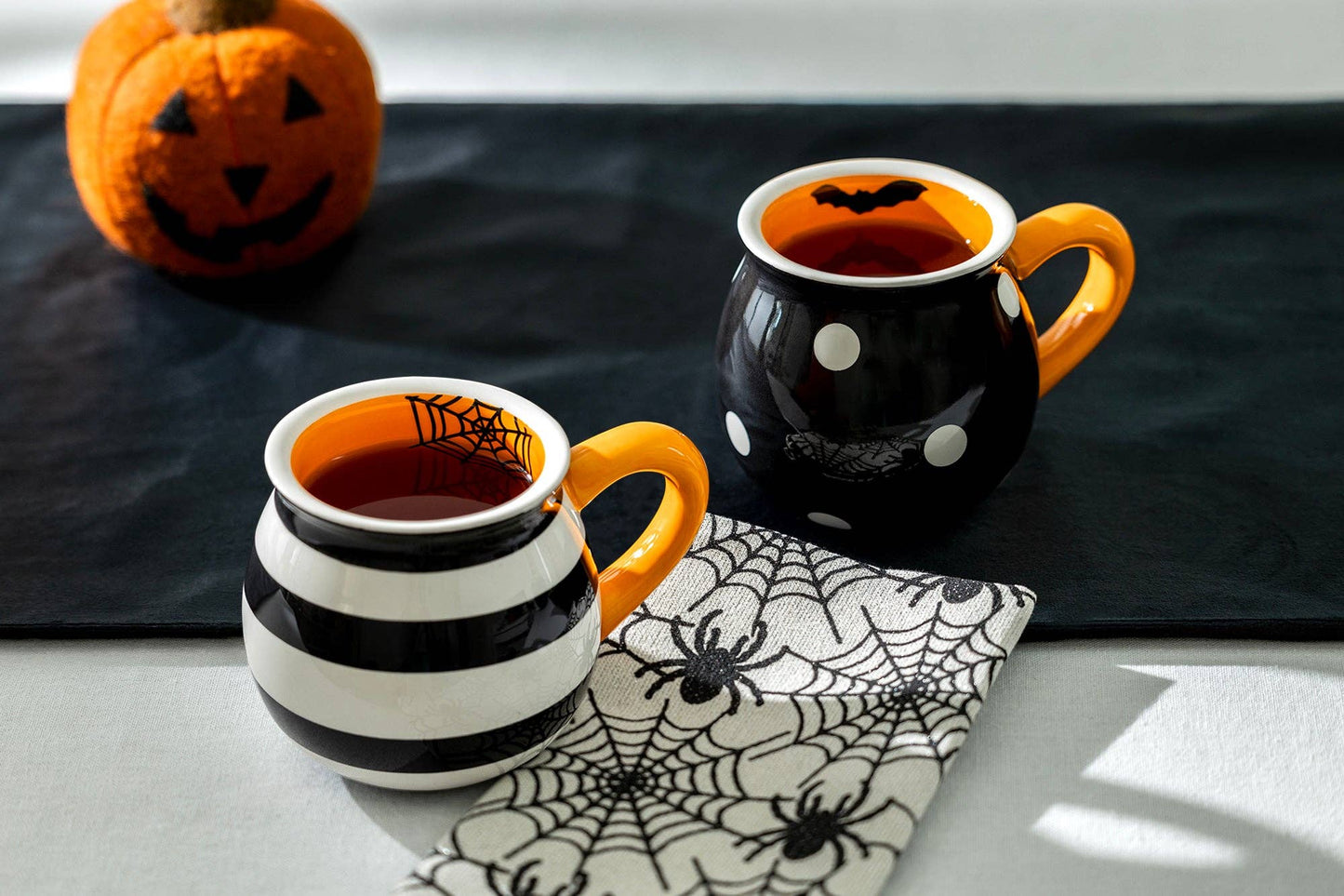 Halloween Bat Dots and Spider Web Stripes 12oz Mugs Set of 2