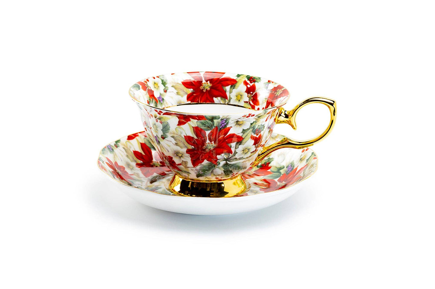 Poinsettia Chintz Gold 7oz Bone China Tea Cup and Saucer