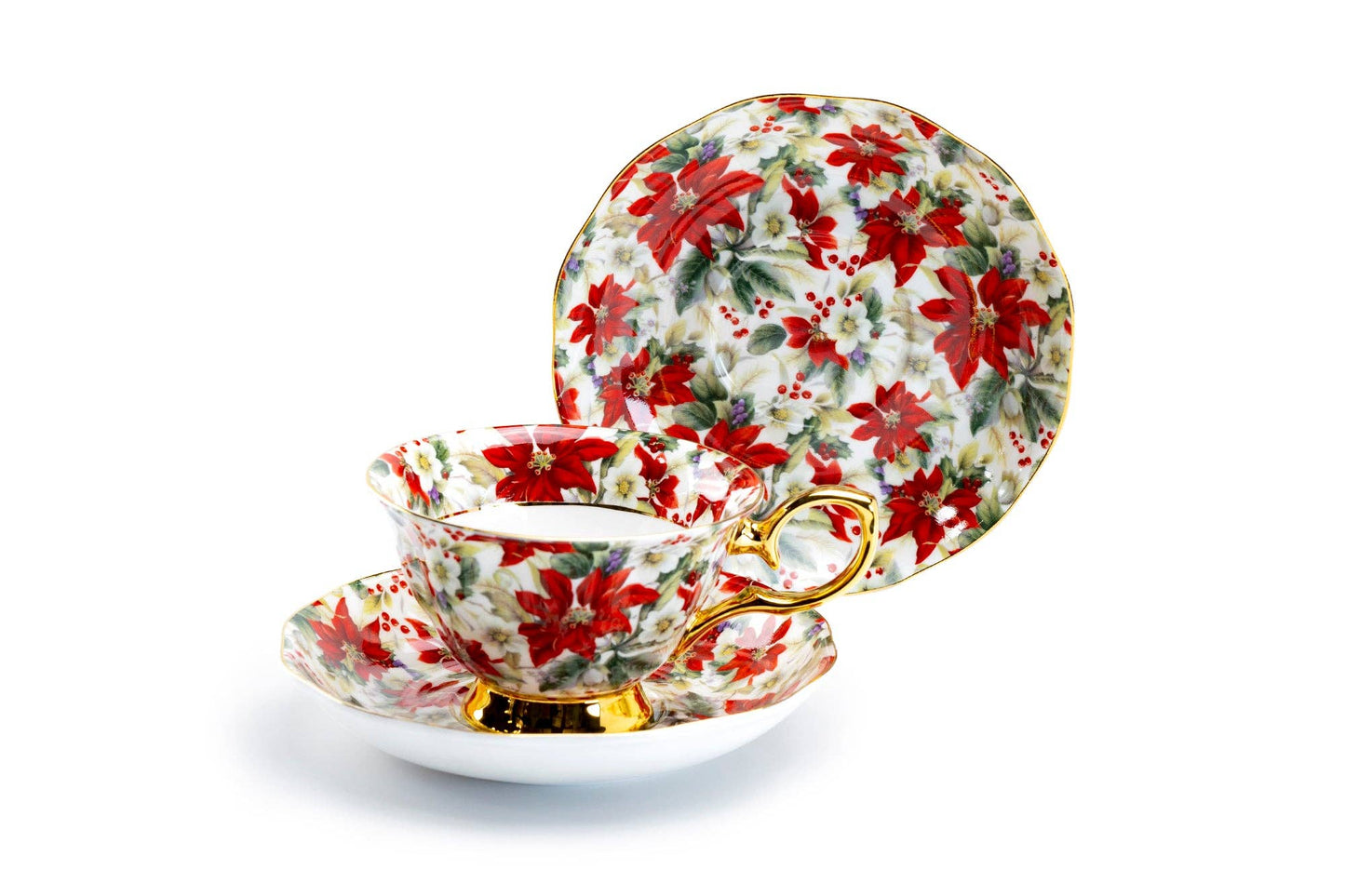 Poinsettia Chintz Gold 7oz Bone China Tea Cup and Saucer